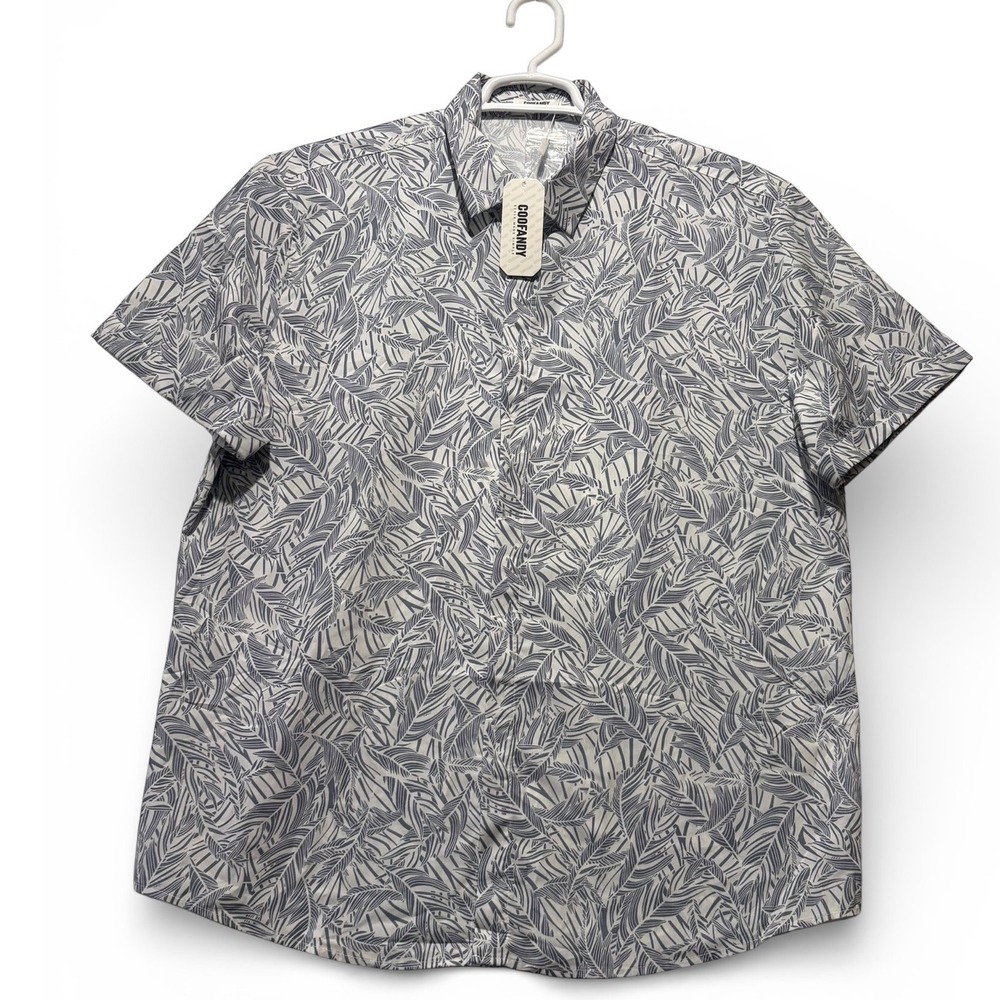 COOFANDY Mens Short Sleeve‎ Tropical Leaf Print Button Down Shirt Blue White NEW